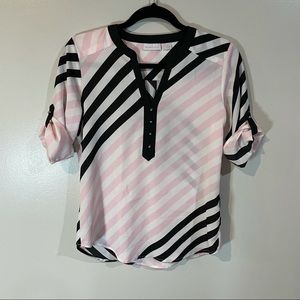 New York & Company Pink & Black Striped Shirt